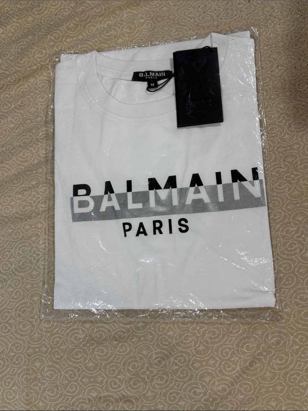 Balmain White T-Shirt with Black and Gray Logo